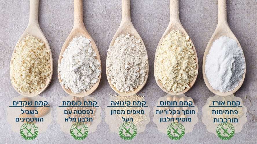 סוגי קמח ללא גלוטן קמח כוסמת, קמח אורז, קמח חומוס, קמח קינואה וקמח שקדים