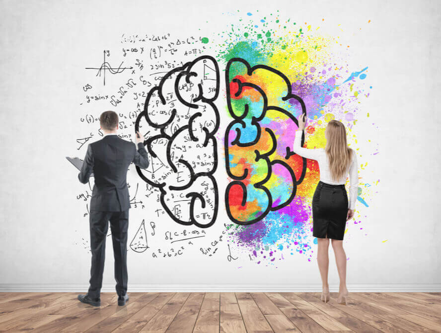 מוח נצבע בידי גבר ואישה, בצבעים שונים אינטליגנציה רגשית
